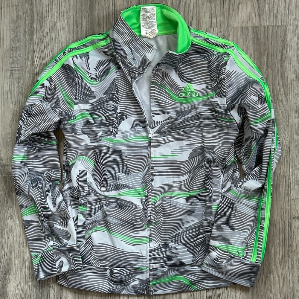 Adidas Striped Gray and Neon Green Youth Jacket Sz L (10/12)